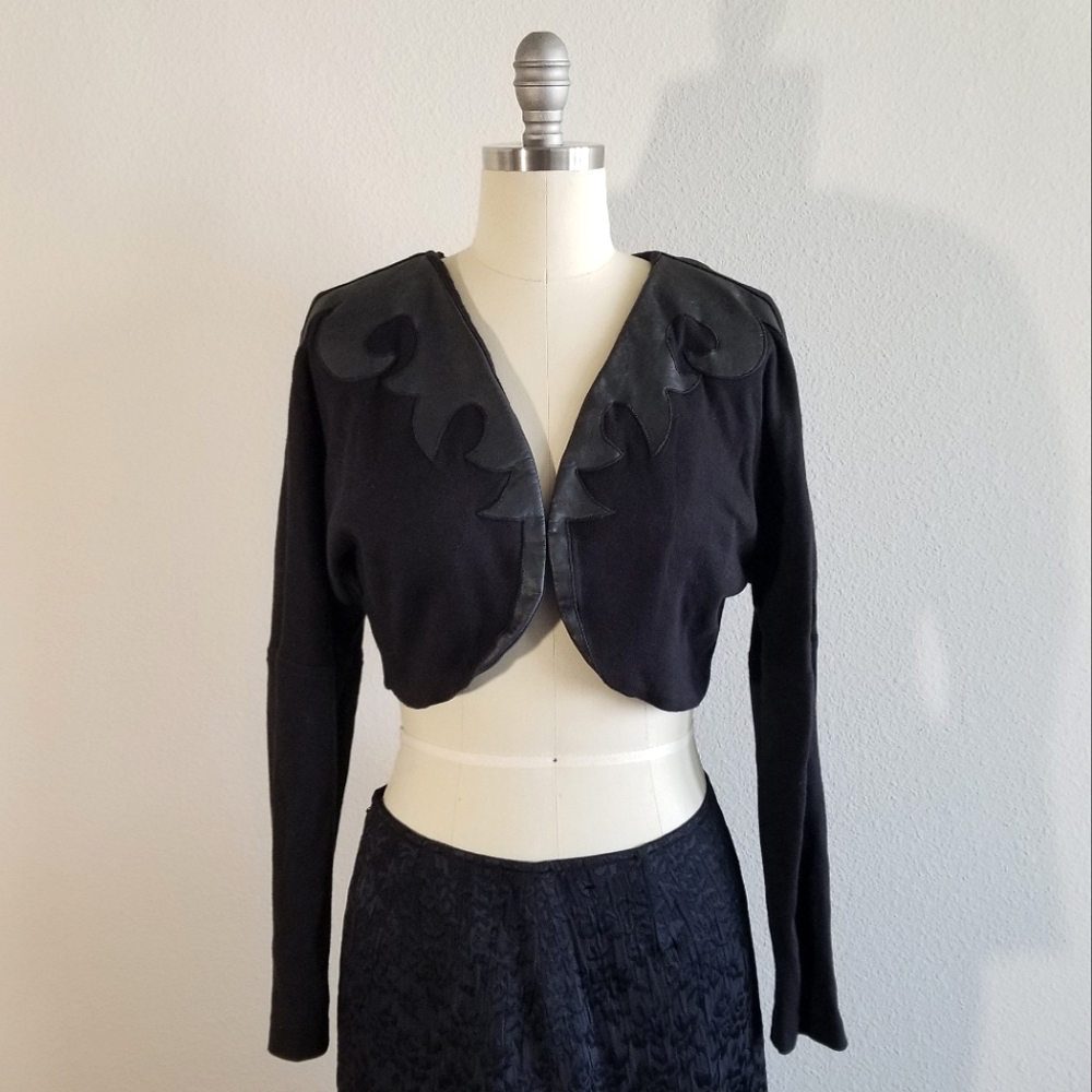 Xabia Black Bolero Cropped Cardigan with Leather Trim